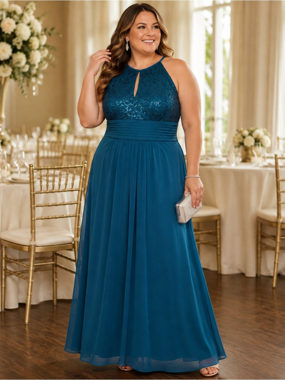 Betsy & Adam Teal Sequin Lace Halter A-Line Formal Gown 16W NWT
